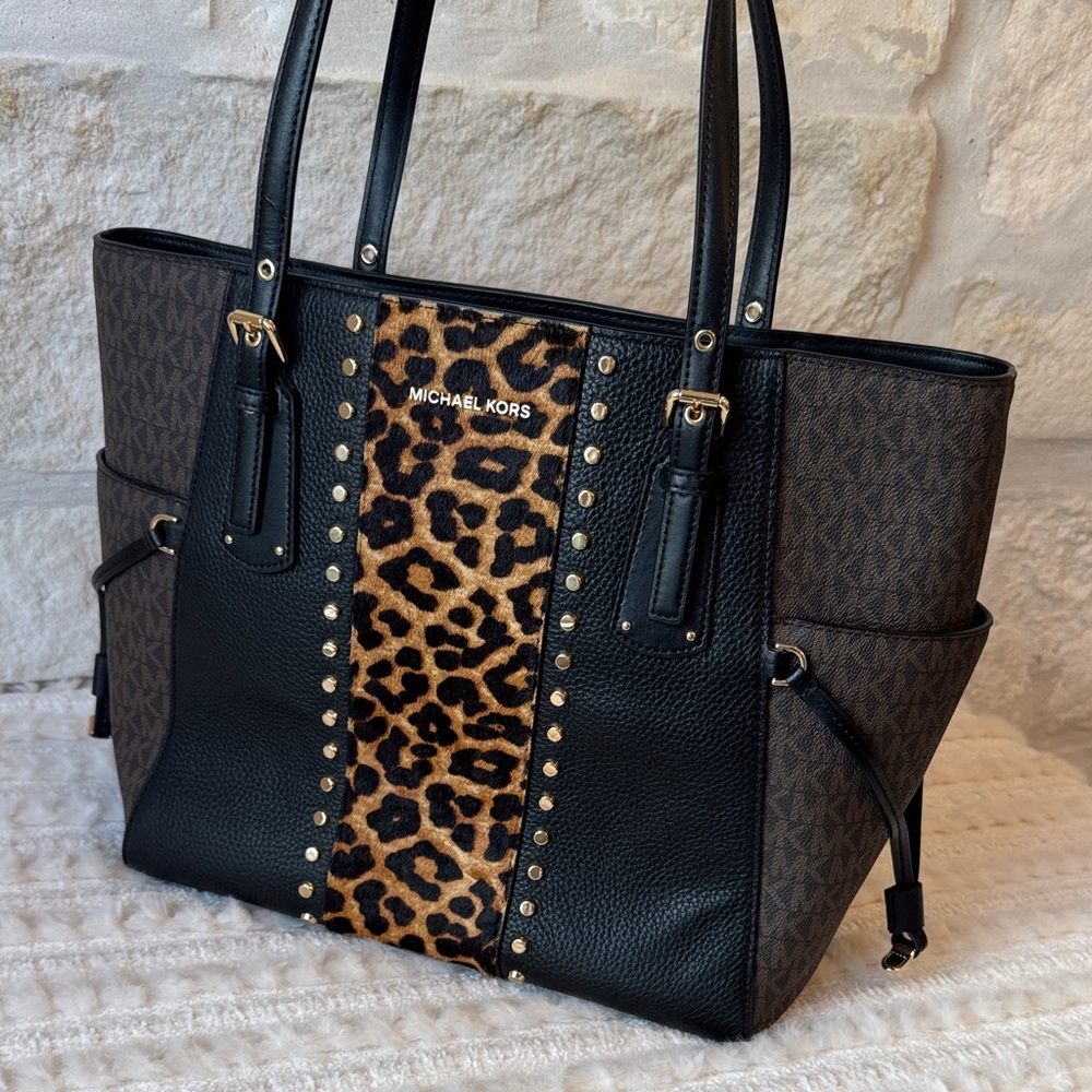 Michael Kors Black and Leopard Accent Tote - Picture 2 of 10